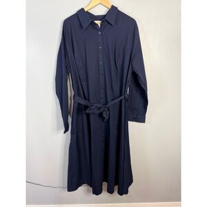 Pari Passu Navy Blue Cotton Blend Button‎ Down Belted Midi Shirt Dress C8